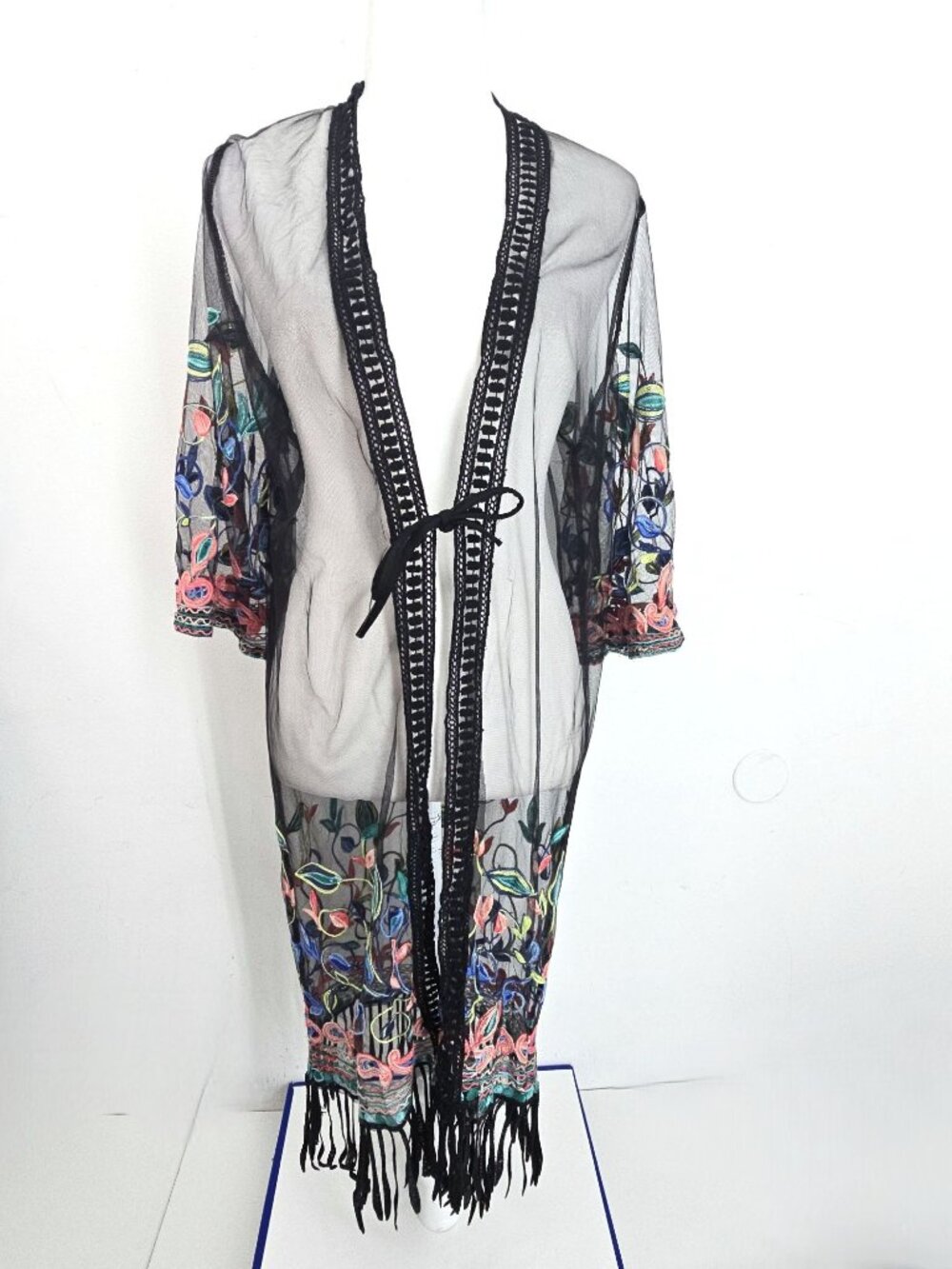 Dasayo Black Mesh Floral Embroidered Fringe Boho  Maxi Swim Beach Cover OS